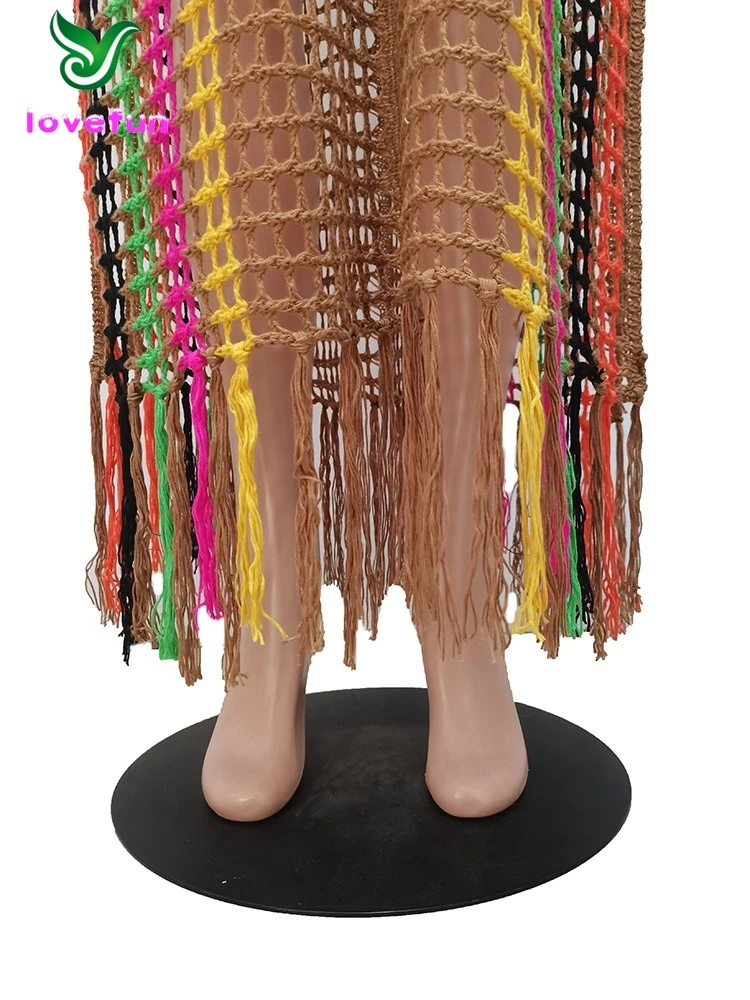 causal sleeveless knitted maxi tassel dress summer sexy color patchwork hollow out beach crochet long dresses