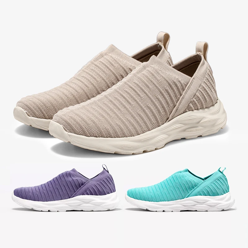 Summer Fly Knit Breathable Weave Flat Rib Mouth Slip On Footwear Women Casual Sports Walking Shoes Sneakers
