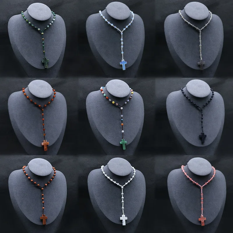 Christian Knot Mala Beads Meditation Yoga Natural Stone Beaded Crystal Gemstone Cross Pendant Mala Rosary Necklace Men Women