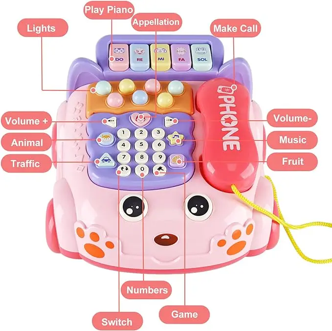 2024 Simulation Baby Telephone Toys Multi-Function Telephone Car Whack-A-Mole Game Cartoon Telephone Bell Pull Line Phone Toys