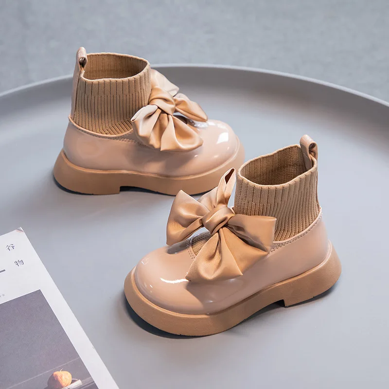 Classic sweet solid color cozy warm PU anti-slip bow princess boots trendy girl sock boots in autumn and winter