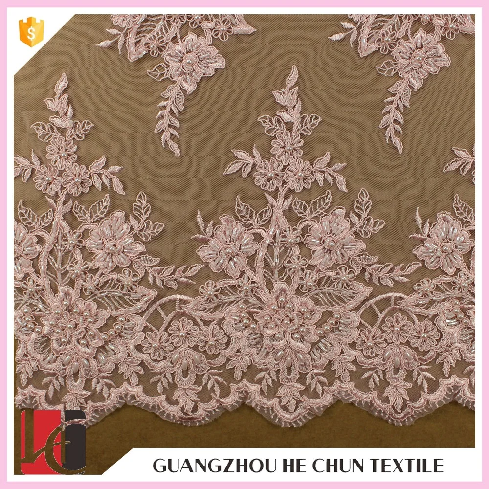 HC-4450-1 Hechun Sell Online Polyester Sew Pearls Beads Pink Cord Lace Fabric for Dress