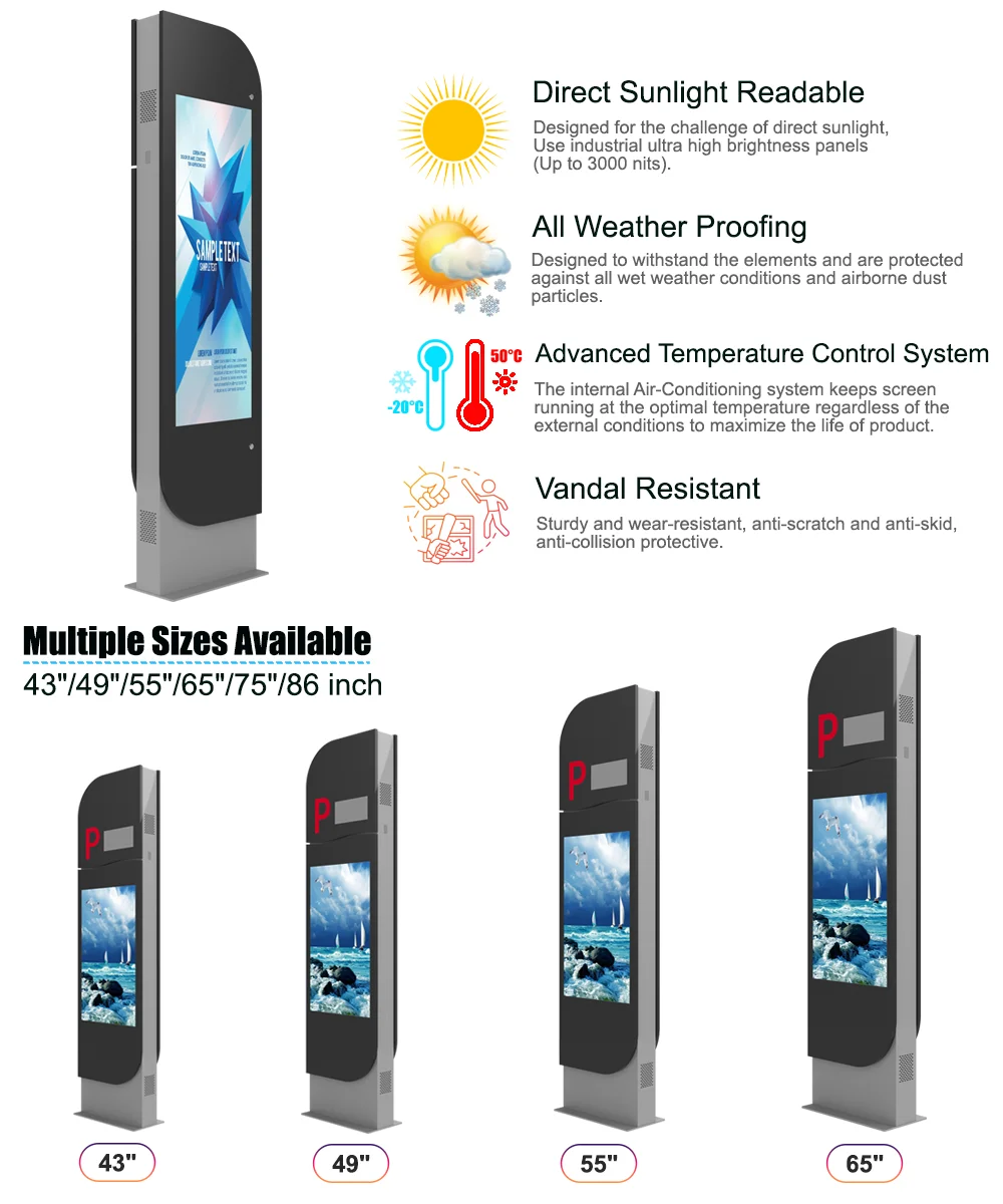 65 inch LCD Outdoor Display Parking Signage IP55 Waterproof Advertising Display Digital Signage