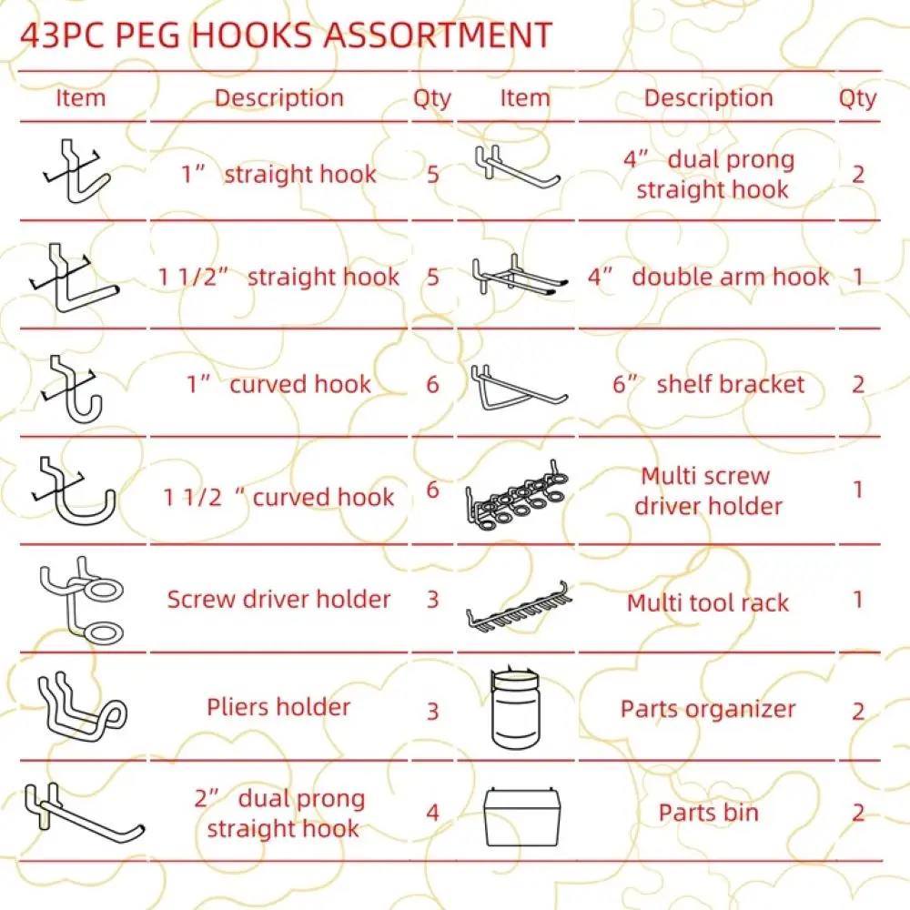 43PC steel peghook assortment store display hanger hook garage storage peg board hook