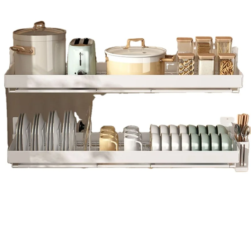 Large Stainless Steel Kitchen Utensil Holder 2 Tier Dish Drainer Rack With Cupholders Kitchen Sink Built-In Dish Drying Rack