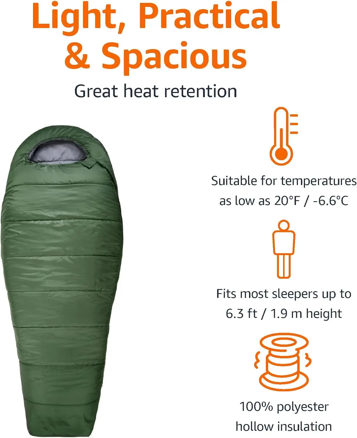 Cold-Weather Mummy Sleeping Bag  for Big & Tall Adults No-Snag Zipper with Adjustable Hood for Warmth and Ventilation