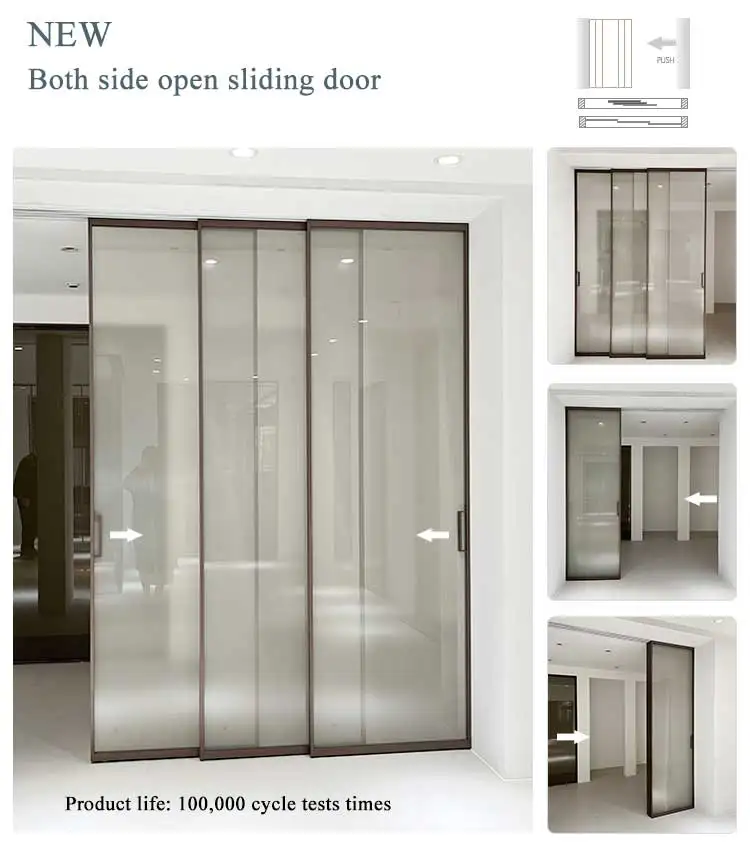 HDSAFE both side open glass sliding door interior villa house aluminum track slim frame soft closing telescopic sliding door
