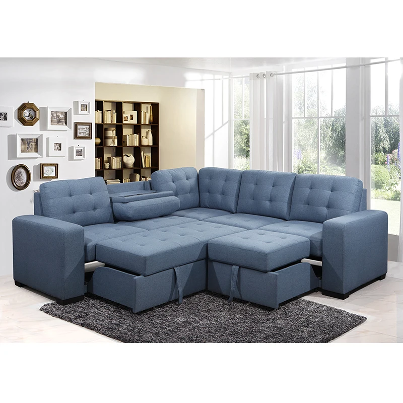 Европейский Американский современный дизайн гостиной диван комплект синяя ткань Регулируемая спина с USB и беспроводной зарядкой двуспальный диван-кровать
