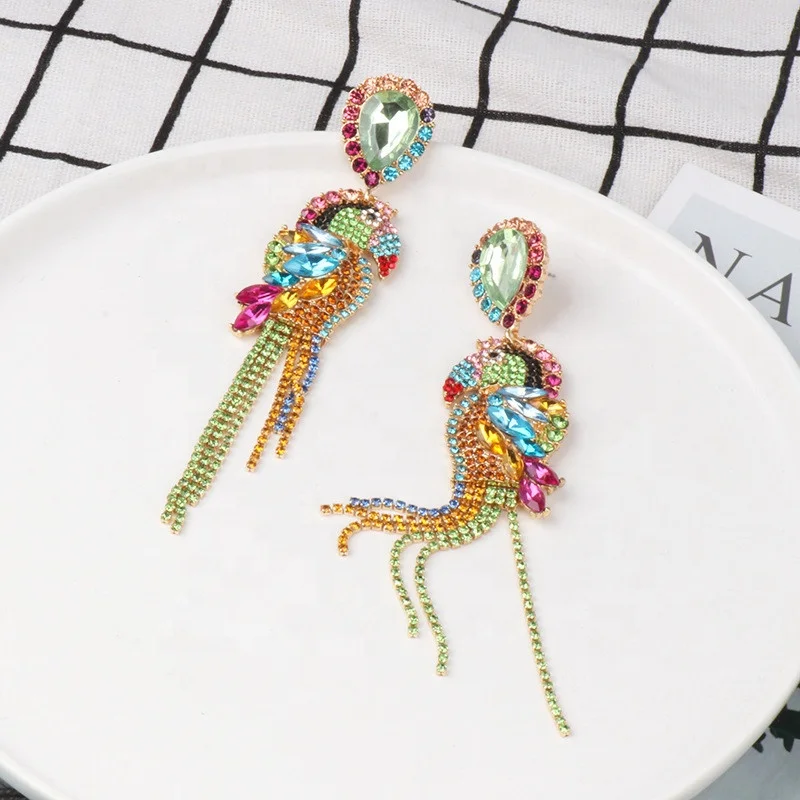 personalized luxury hanging tassel pendant long jewelry diamond claw chain colored bird parrot earrings stud for women