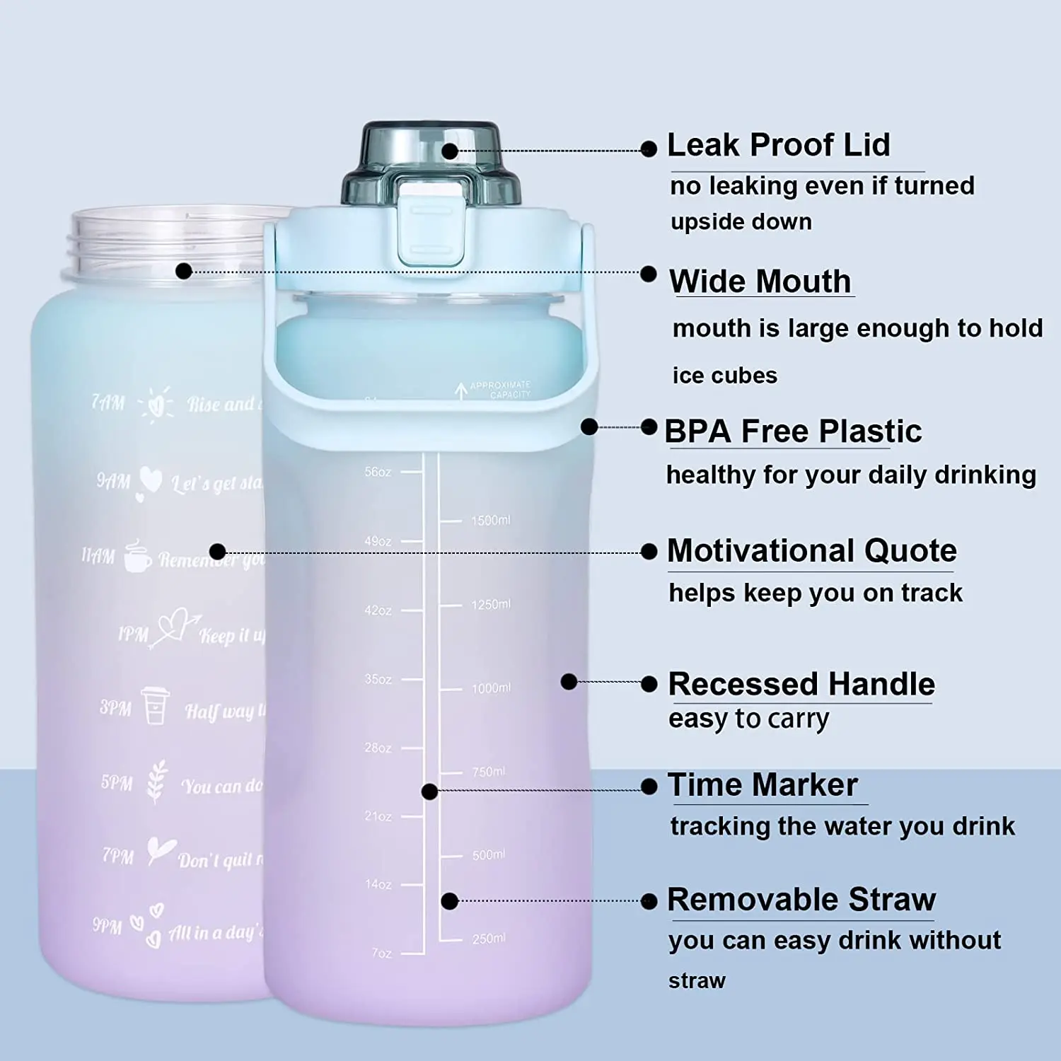 hot sale 2000 ml BPA free plastic Outdoor Sports water Bottle with Time Maker and straw