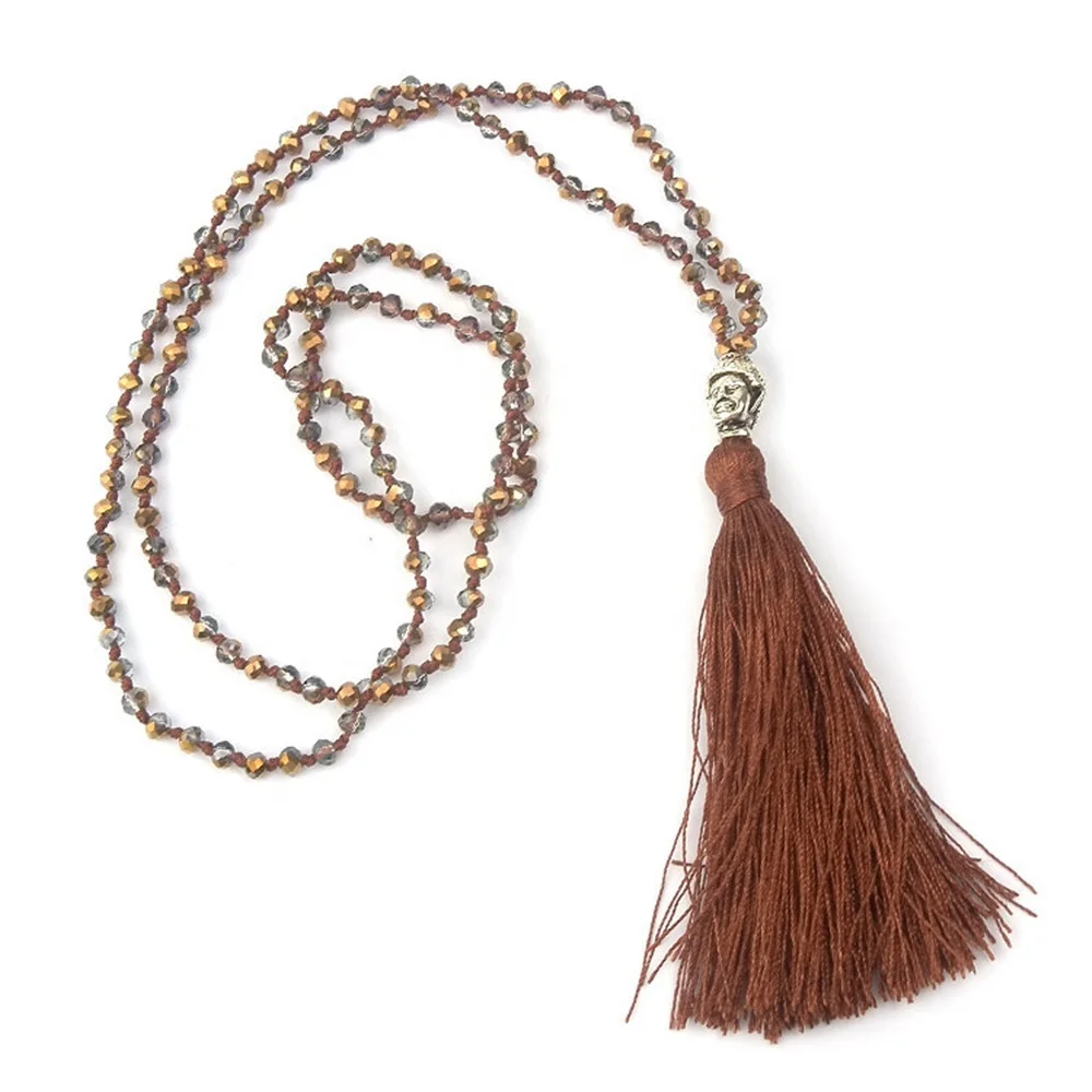 Knotted Rondelle Crystal Long Tassel Mala Facet Bead Namo Religion Necklace Buddha Head Prayer Necklace handmade Jewelry