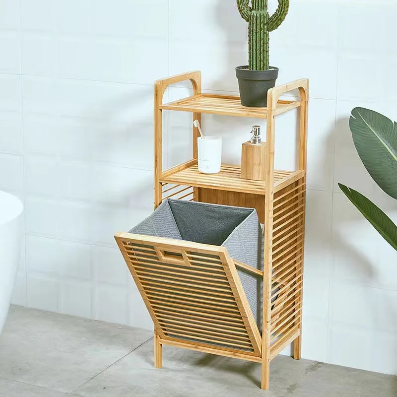 Factory Custom Foldable Canvas Laundry Hamper Bamboo Laundry Basket with Shelves