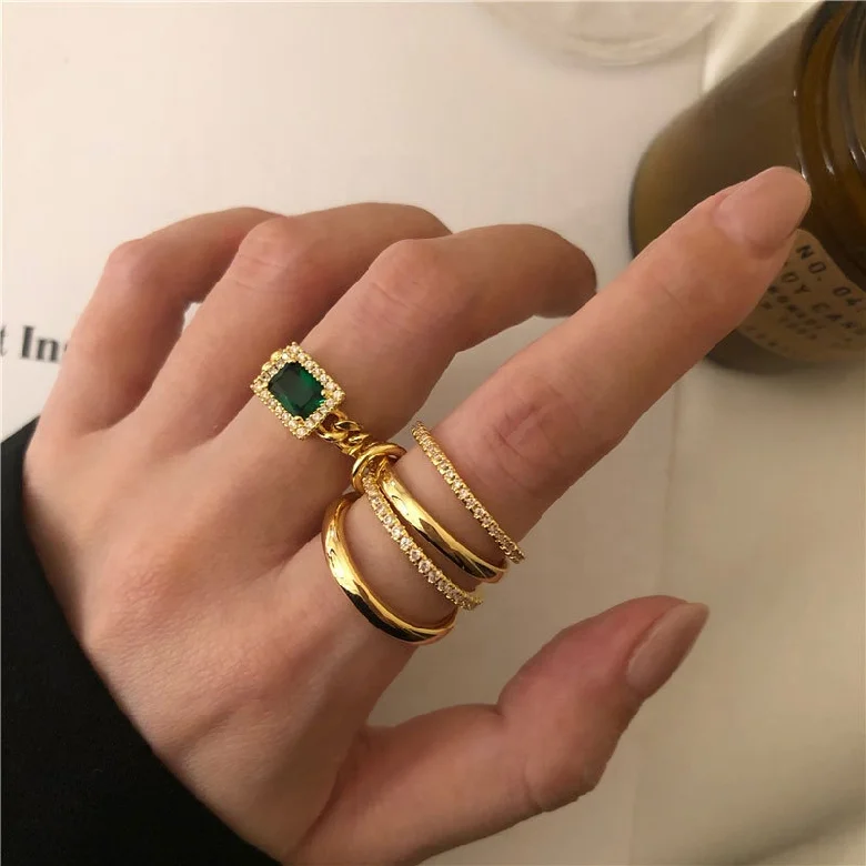 Linked Circle Rings Set Filled Ring for Women Luxury Fashion Jewelry Gold Cubic Zirconia Geometric Hot Selling 4 Pcs