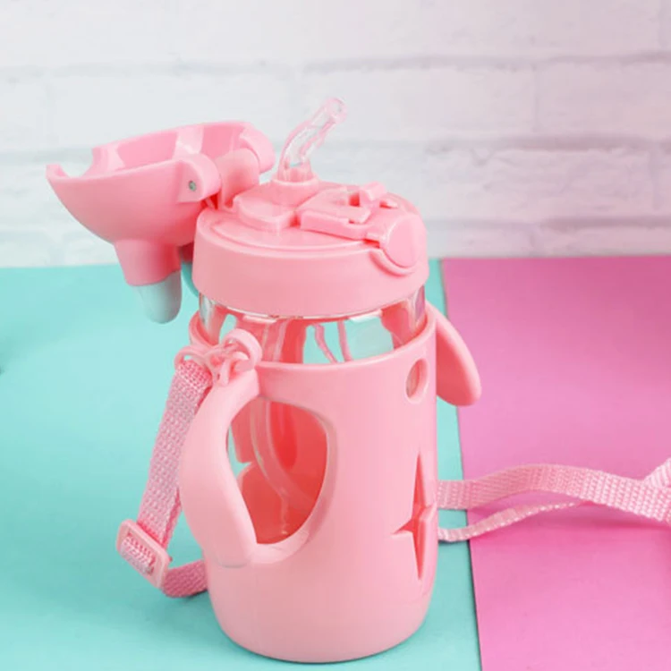 Promotional Custom Sports High Borosilicate Kids Water Bottle with protective cover and double handle portable 300ml