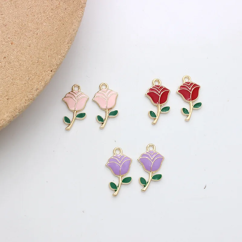 New Fashion Jewelry Gold Plated Metal Accessories Enamel Rose Flower Charm Pendant for Necklace Bracelet Jewelry Making