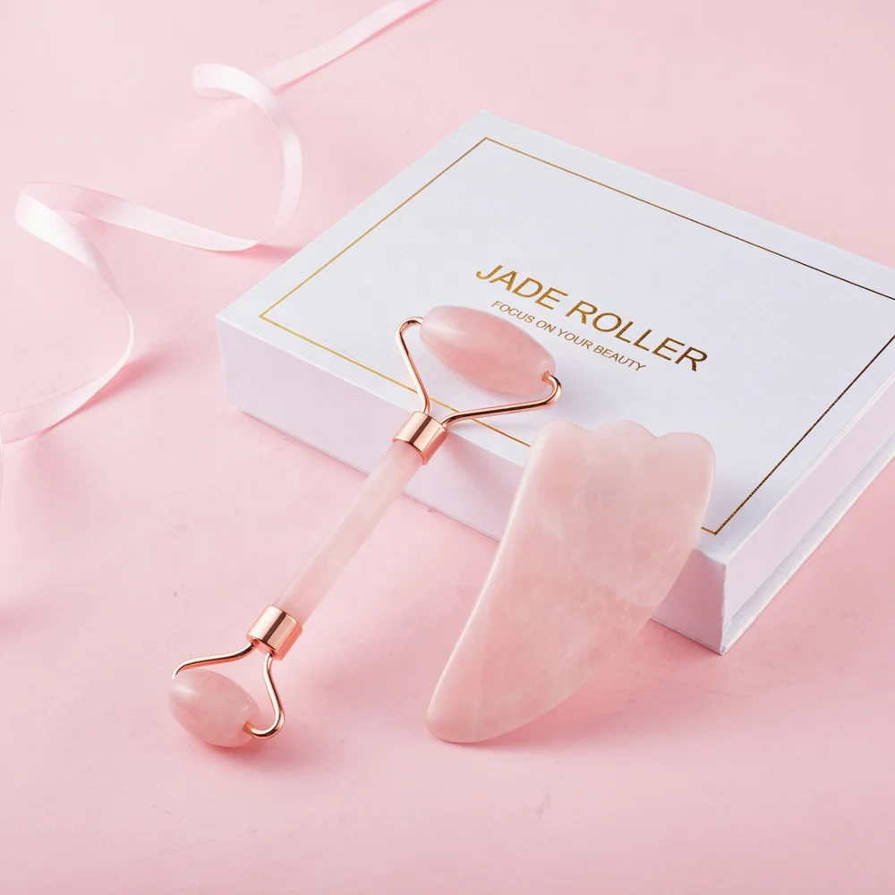 
2019 Hot Sell OEM High Quality Face And Body Massager Gua Sha Facial Anti Aging Pink Rose Quartz Natural Jade Roller with Box 