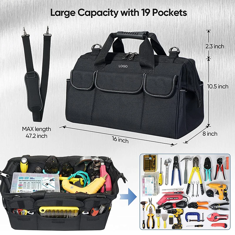 Custom Logo Heavy Duty Waterproof Oxford Fabric Multi-Pockets Wide Mouth Large Electrician Tool Bag with Shoulder Strap