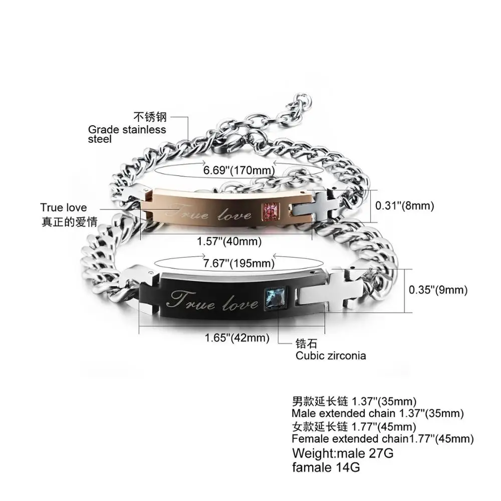 Stainless Steel Couple Jewelry Bracelet Her King Beast His Beauty True Love Lovers Promise Letter Chain Bracelet Charm Gift