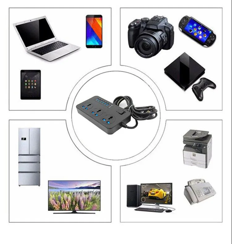 Power Strip With Usb Port 3-way Socket Power Socket With 2m 5m Bold Extension Cord Surge Protector Plug