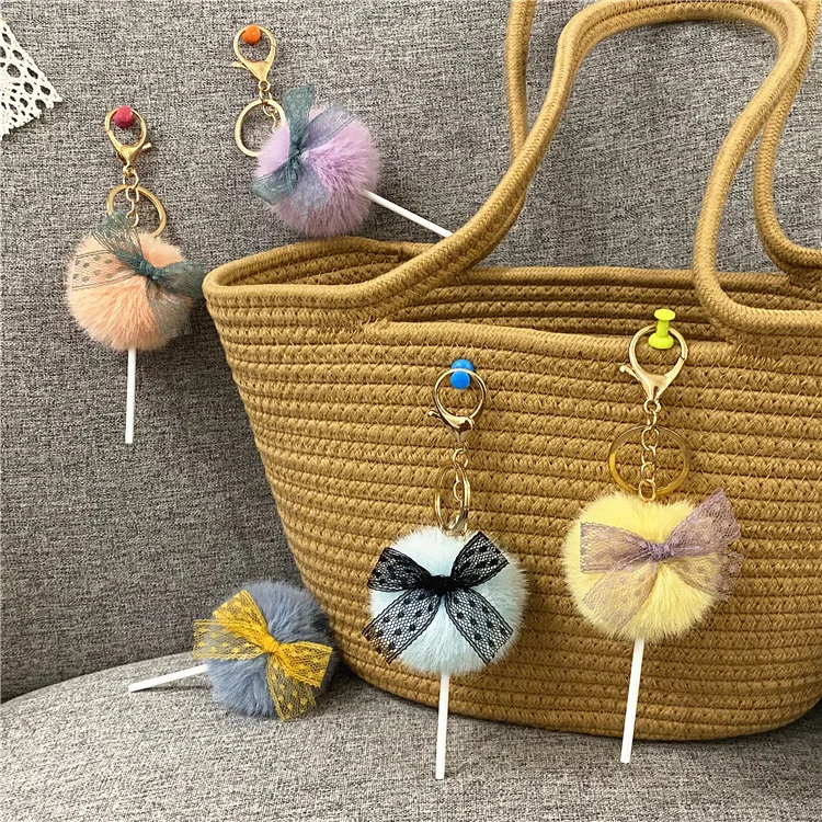 INS Popular Cute Lollipop Bow Pom Pom Ball Keychain Bag Ring