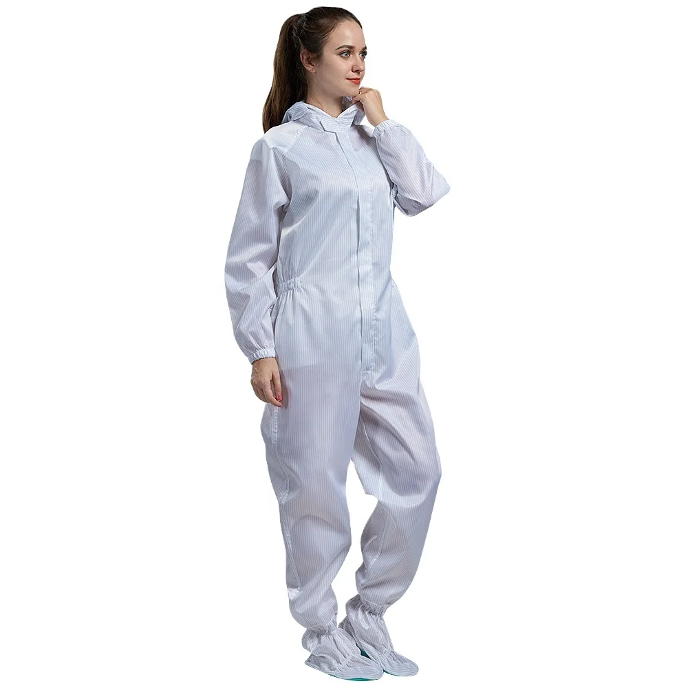 
High cost performance reusable PPE equipment white color 75D yarn cleanroom ESD hooded coverall 