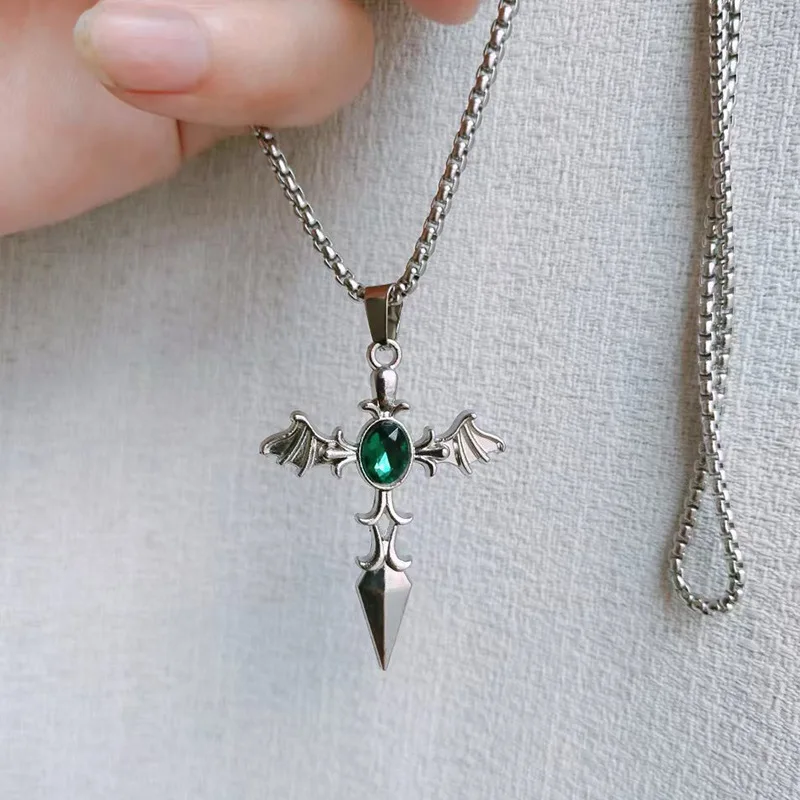 Fashion Jewelry Stainless Steel Wholesale Diamond Angel Sword Cross Necklace Men and Women Exquisite High Quality Carved Pendant