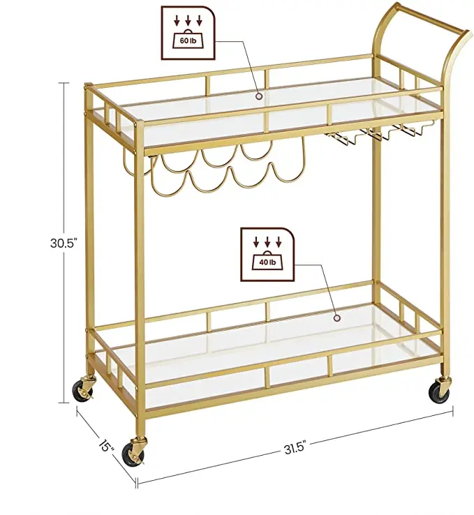 Hotel Furniture Drink Beverage Cart Gold Frame Rolling Bar Carts Acrylic Glass 2 Shelves Food Serving Trolley Cart