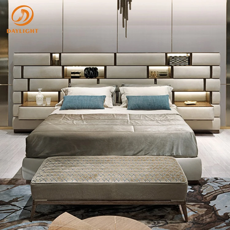 chinese foshan factory customized platform brown beds leather wooden frame furniture