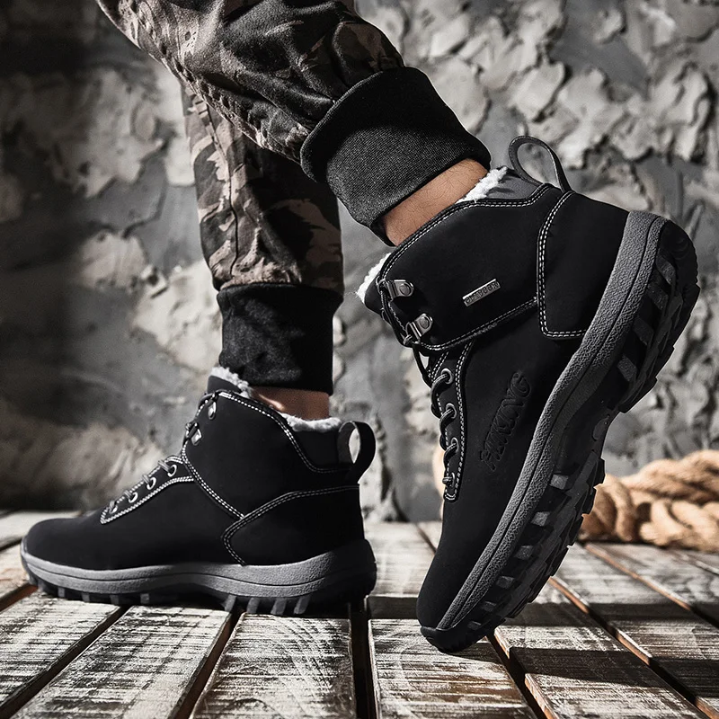 Winter Anti-Slip Leather Warm Snow Hiking Boots Water Resistant Shoes Fur Lined for Mens