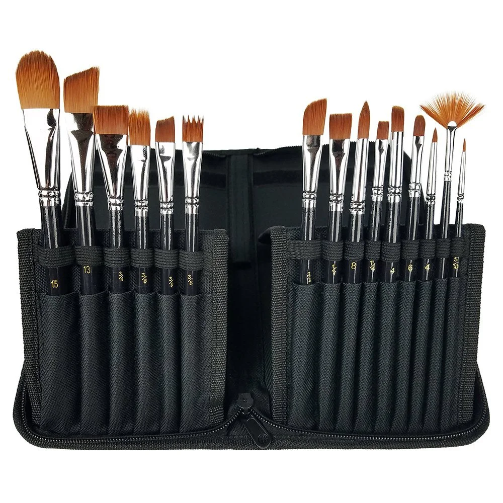 15 pieces wooden handle aluminum ferrule grade water color oil acrylic paint brushes with a canvas bag