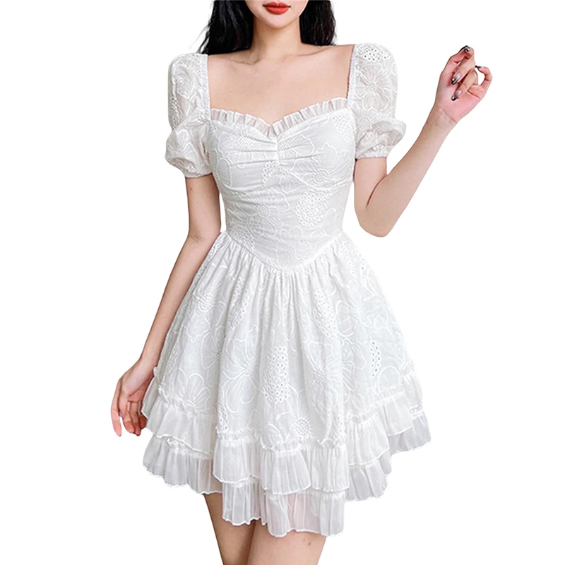 2022 Summer French Women Fashion Lace Short Sleeve Square Neck Ruffle White Mini Chiffon Dress