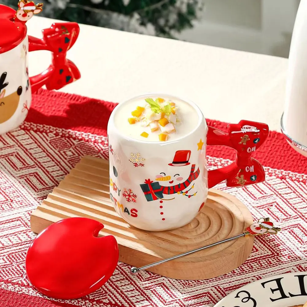 Wholesale funny Christmas mug 450ml daily bow handle ceramic coffee mug with spoon and gift box