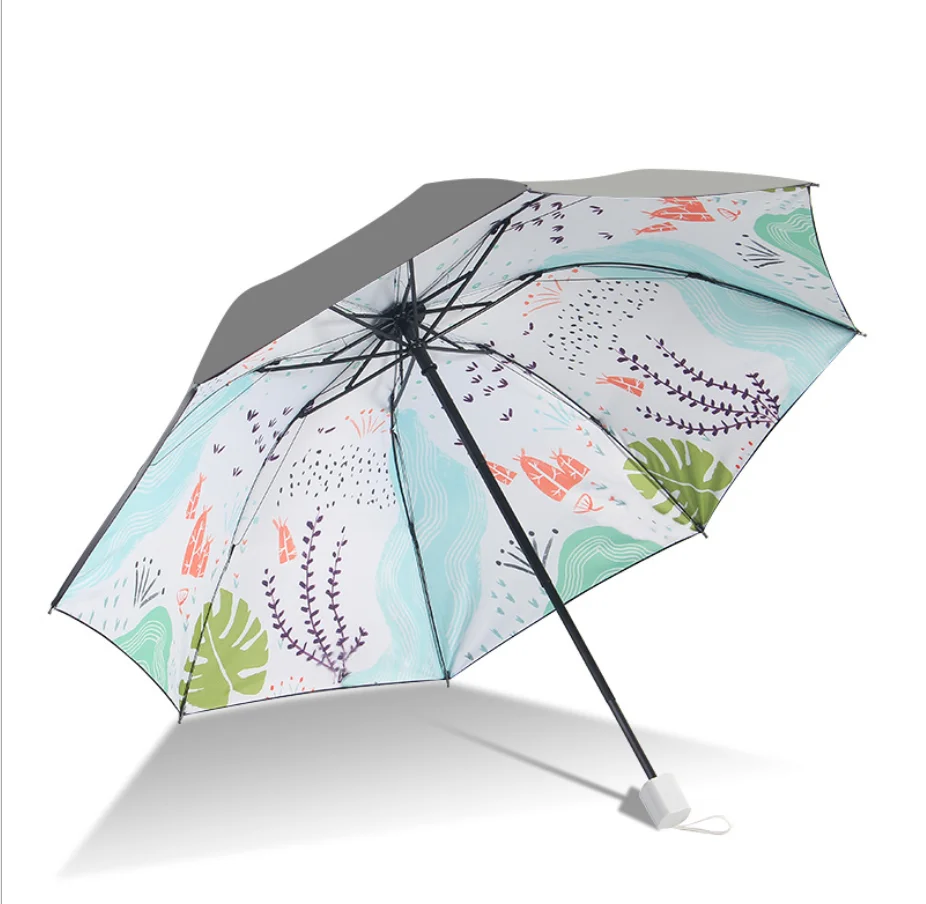 Newest Colorful China Amazing Customized Design Wholesale Printing 3 Folding Manual open Umbrella with Anti UV black coated