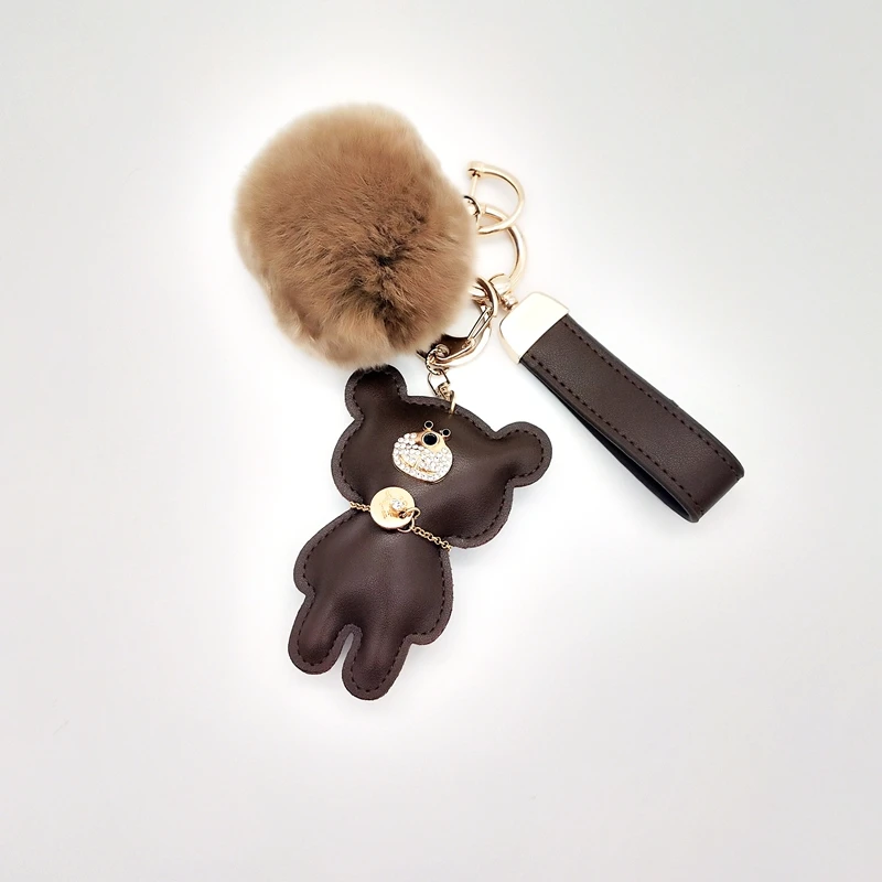 Luxury Brown PU Leather Small Mini Bling Key Ring Ornament Wholesale Bear Keychain with pompom