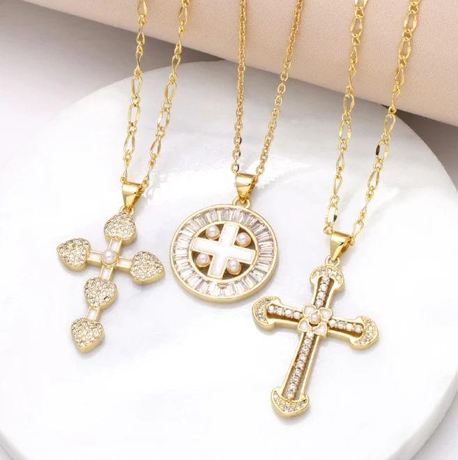 Cross CZ Pendant Link Chain Necklace For Women Bling  Gold Plated Fashion Jewelry