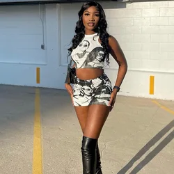 2023 New Pattern Print High Street Style Two Piece Short Sets Summer Package Hip Skirt Sleeveless Vest Women Skirt Two Piece Set