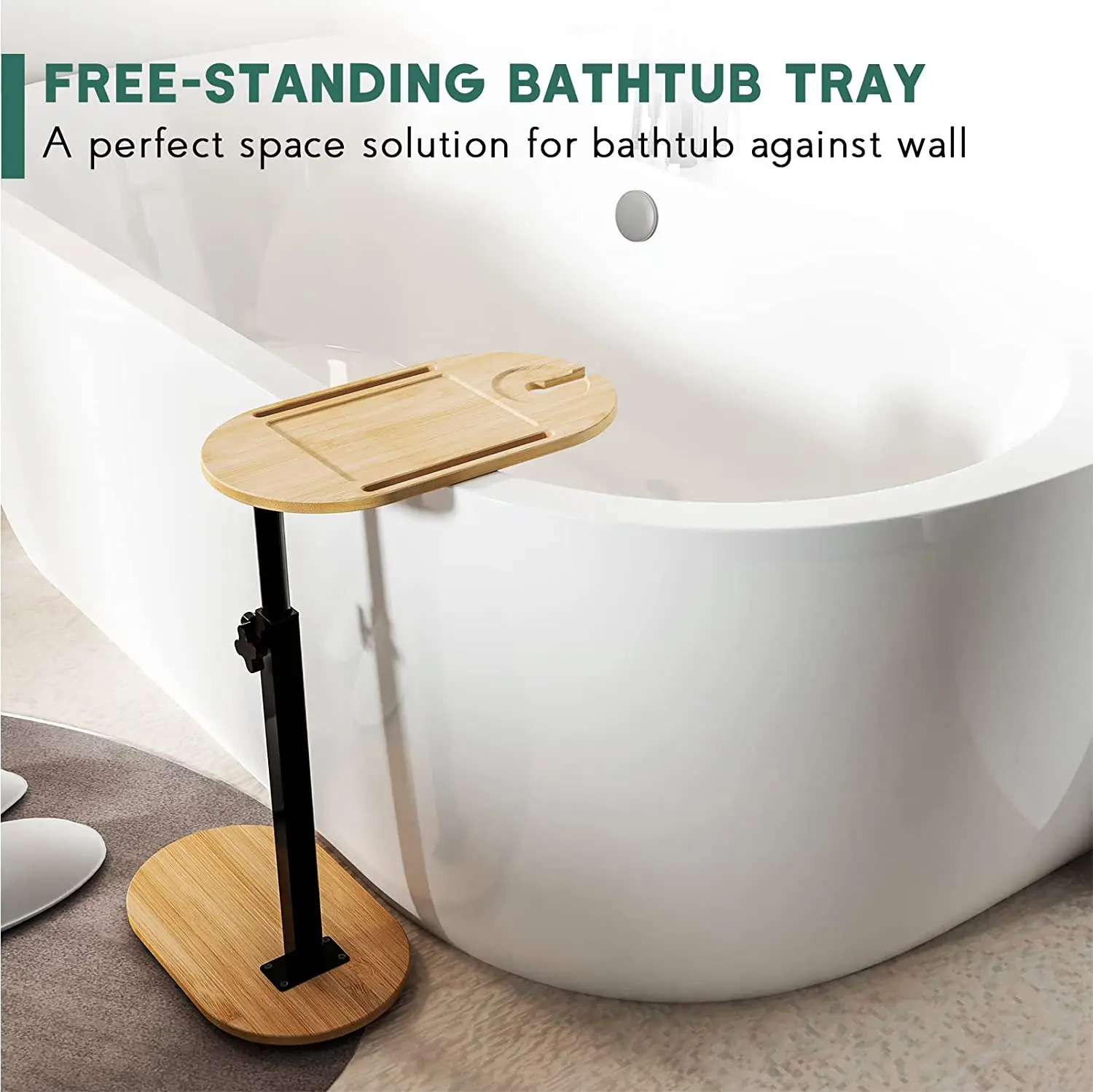 Bamboo Bathtub Tray Table with Adjustable Height Freestanding Bath Caddy Tray for Tub Against Wall