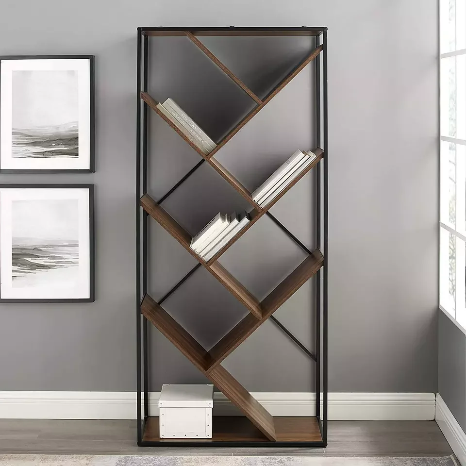 Living Room Furniture Industrial Metal Iron Storage Racks Bookcases wooden Shelves modern floor bookcase