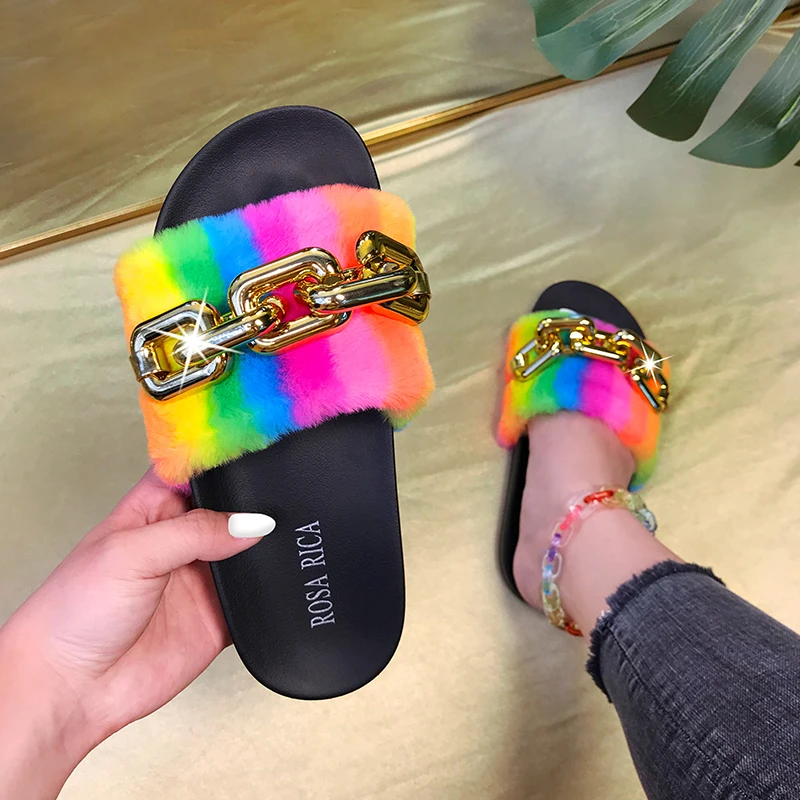  Hot Sale Soft Sandals Designer Fluffy Outdoor EVA Metal Chain Fur Slides Winter Women