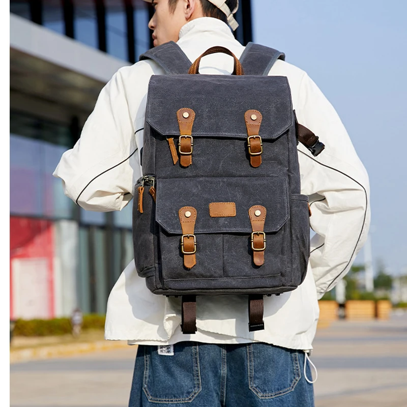 Durable Waxed Canvas DSLR SLR Camera Bag Backpack for Mirrorless Cameras Nikon Canon Sony Camera and Lens