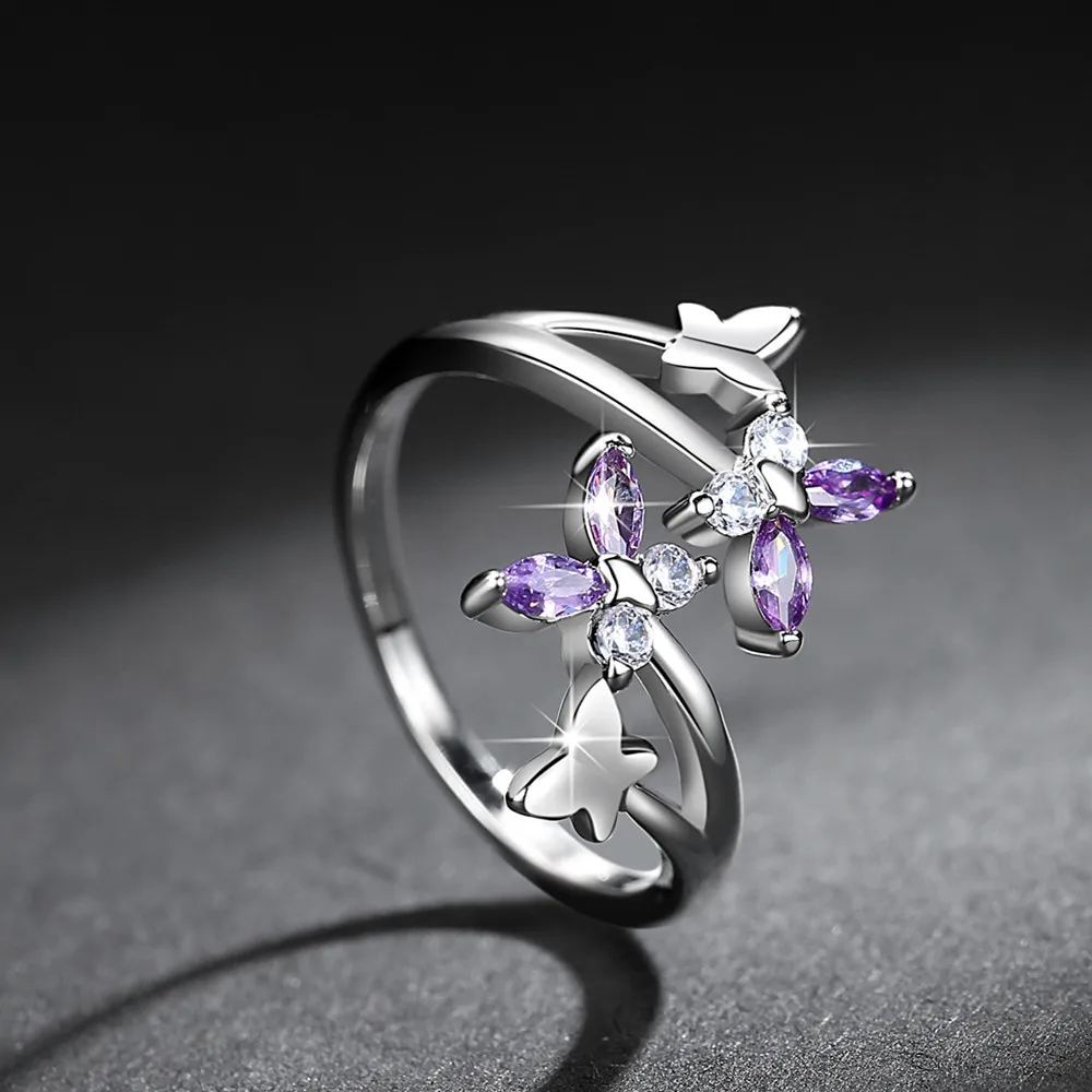 European and American temperament butterfly flowers copper plated silver amethyst bow opening adjustable wholesale jewelry ring