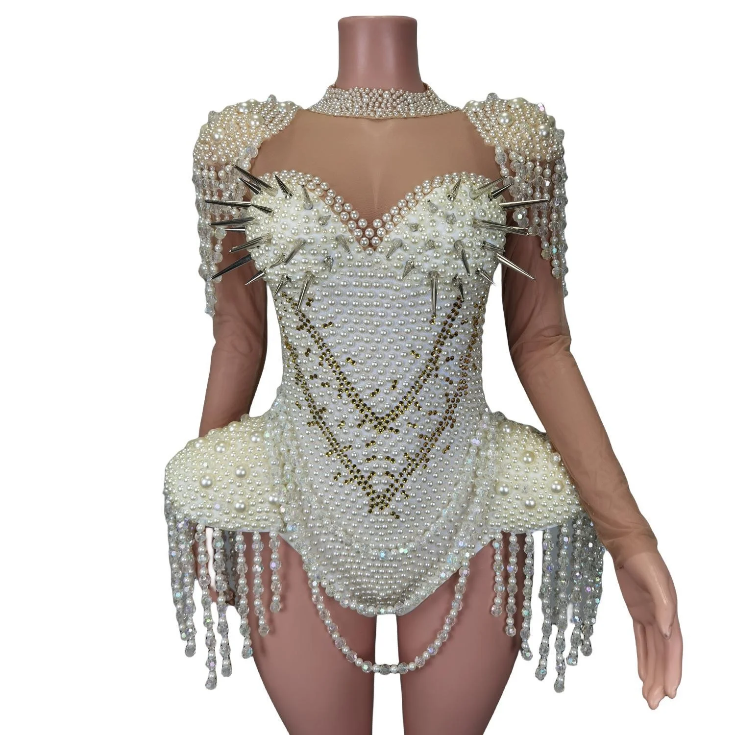 Luxury Fringes Rivets Pearls Rhinestone Jumpsuit Festival Outfit Show Stage Performance Wear Club Rompers Women Sexy Bodysuits