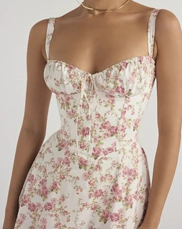 Floral Bustier Midriff Waist Shaper Dress, Print Bustier Sundress Sundresses for Women Slit Long Printed Dress