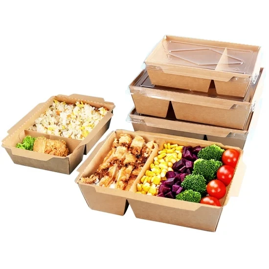 Disposable Manufacture Kraft Paper Food Packaging Box Take Away 2 Compartment Tray with Lid