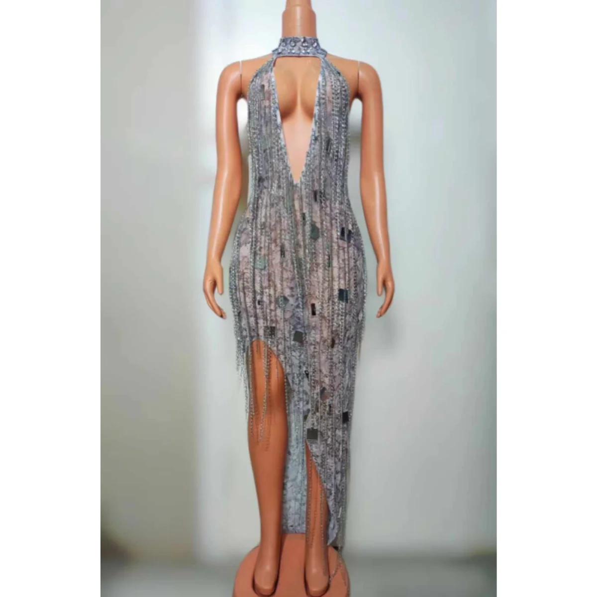 Ocstrade Para Mujeres Mirror Sequin Design Performance Wear Halter Open Back Sexy Asymmetric Performance Dress With Tassel