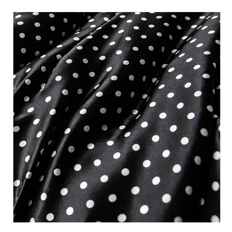 100% silk printed fabric Italian silk printing design fabric White dot black dot floral silk fabric digital print 19Momme 114cm