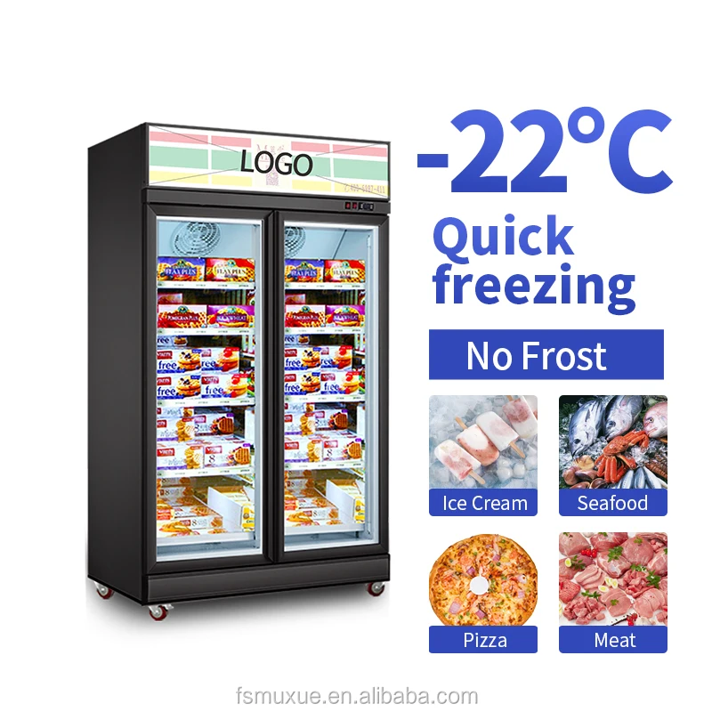 MUXUE Double doors vertical freezer glass door display freezer for store Commercial Refrigerator with AD board -Black