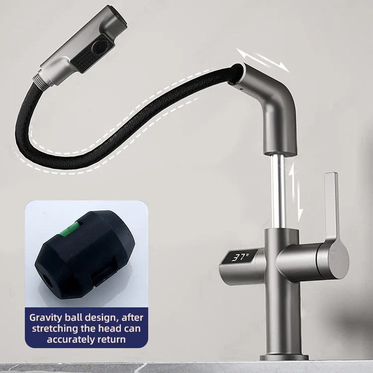 Kidolux Pull Out Basin Faucet Led Temperature Digital Display Basin Faucet No Splash Hot And Cold Water Taps for Face Wash Basin