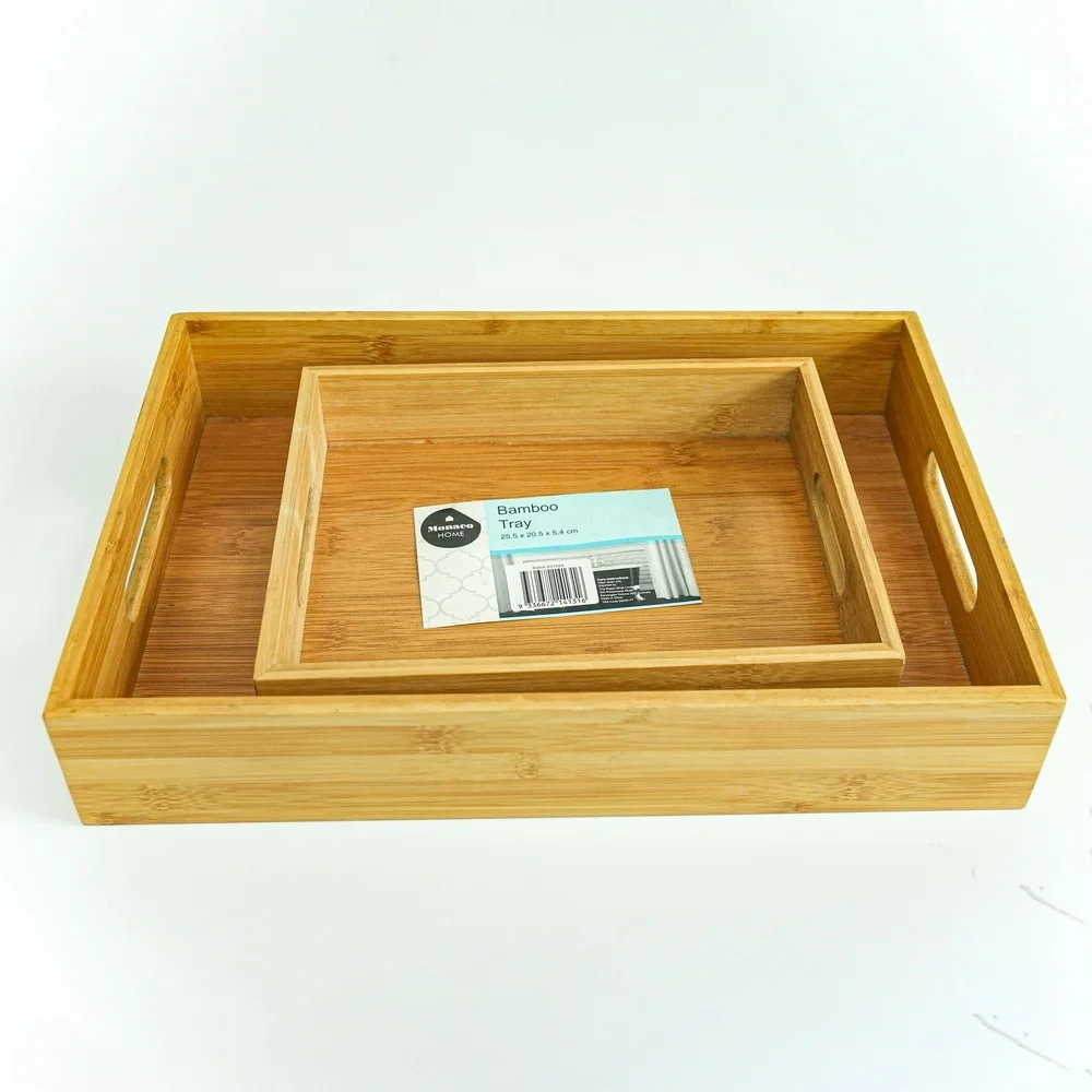 Rectangular large and medium nested bamboo wooden serving tray set for kitchen with cut out handles
