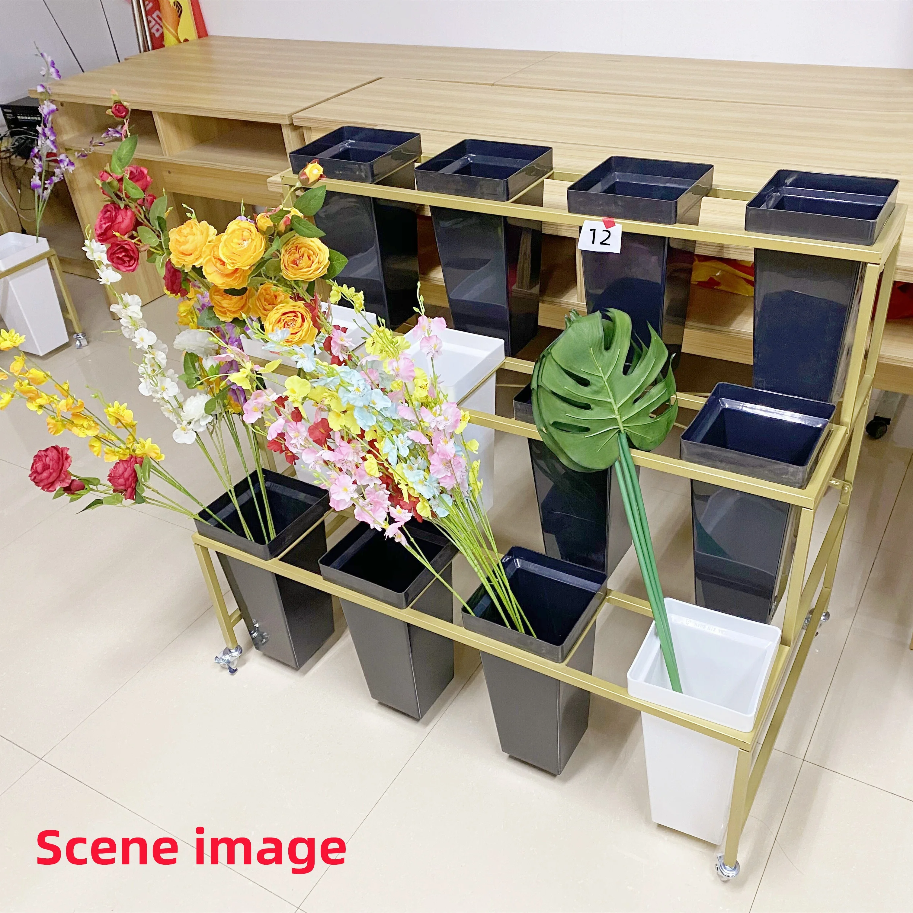 Hot Sale Showroom Store Movable Decorative Artificial Flower Greet Plant Golden Metal Display Stand Rack With 9/12 Buckets